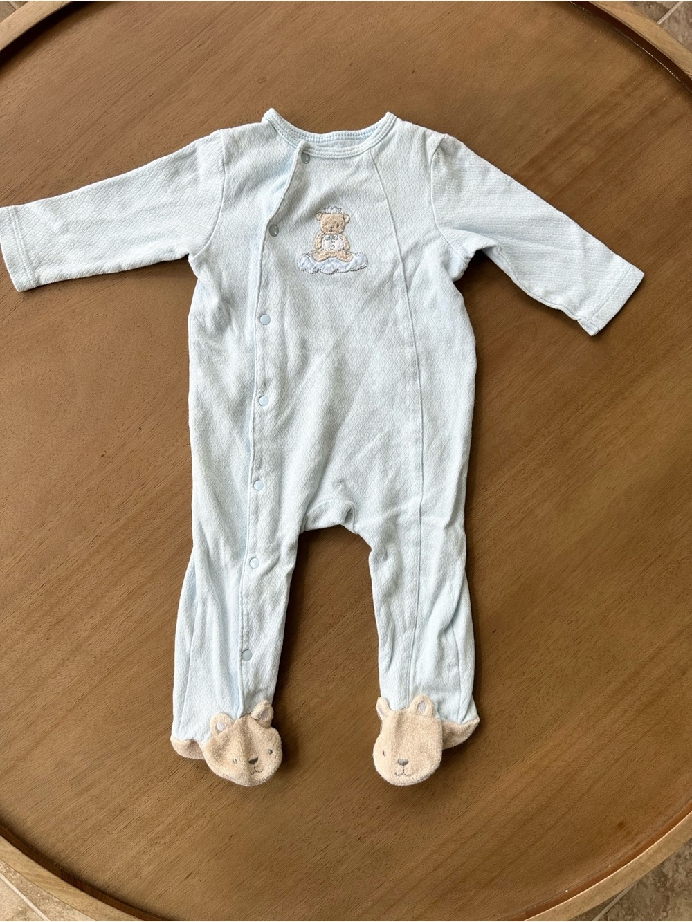 Little Me Bear Appliqué Snap-Front Footed Coverall, Size 9M, Light Blue/Tan